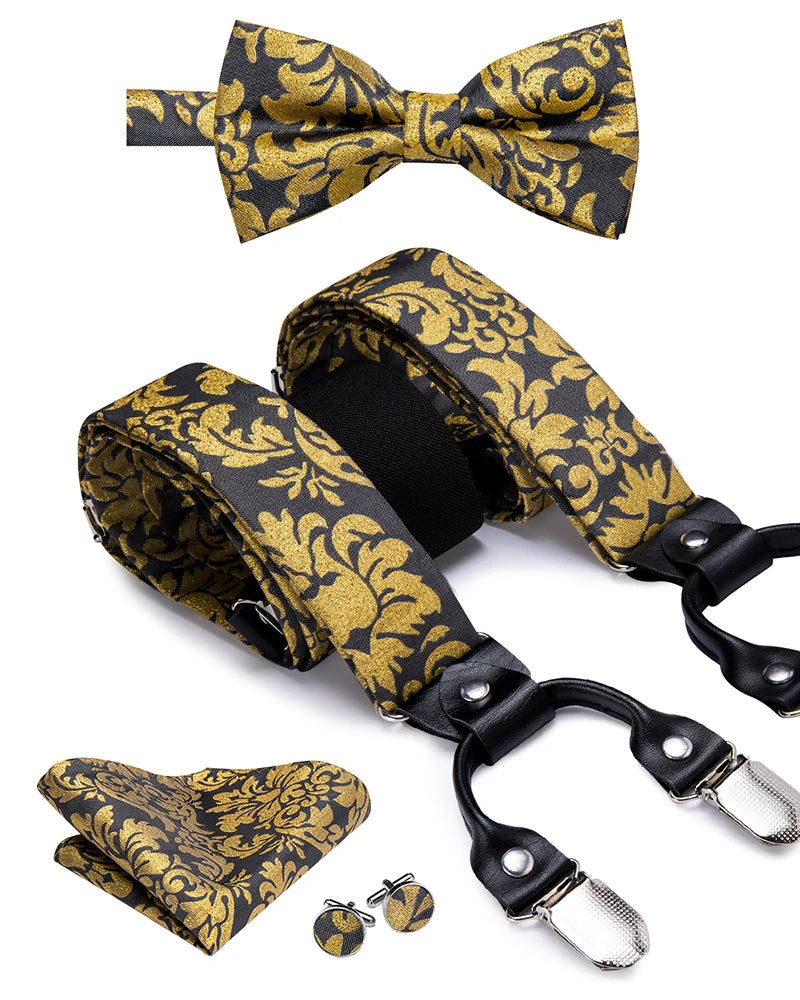 Hi-tie Silk Men's Suspender Metal 6 Clips Braces Bow Tie Hankerchief
