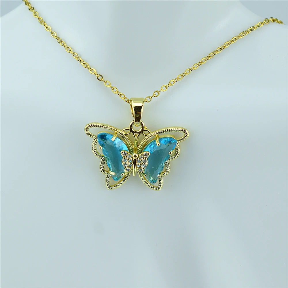 New Fashion Sweet Women Girl Heart Crystal Butterfly Pendant Necklace Jewelry Elegant Charm Jewelry Gifts Accessories Wholesale Qme