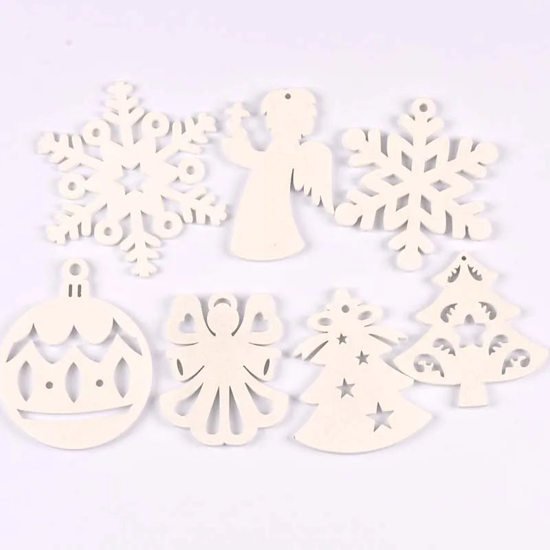 5pcs+1m hemp rope Christmas Tree Ornament Wooden Hanging Pendants White angels/tree/snowflakes Christmas Decorations for Home Qme