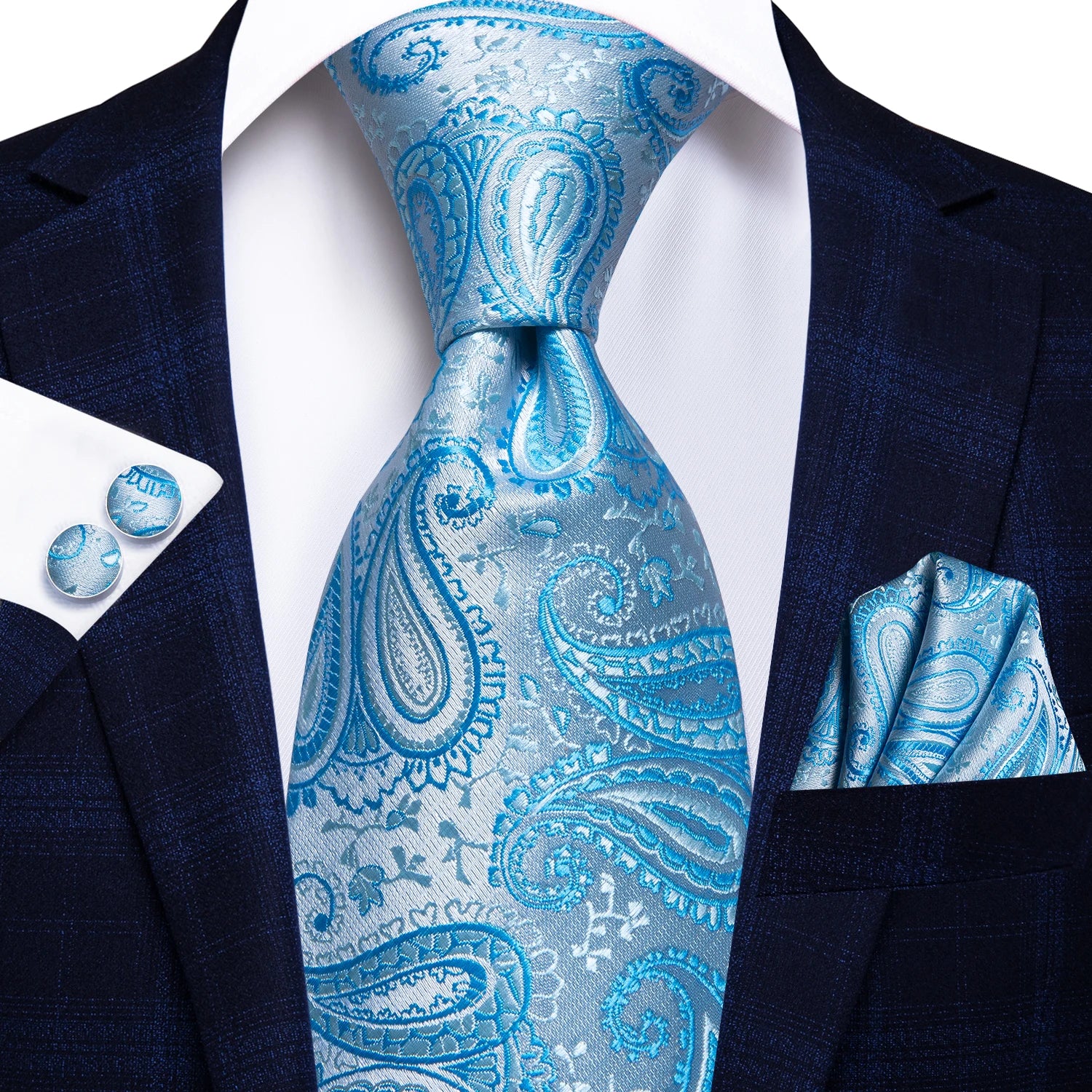 Hi-tie Light Blue Striped Novelty Wedding Tie Men Handky Cufflinks