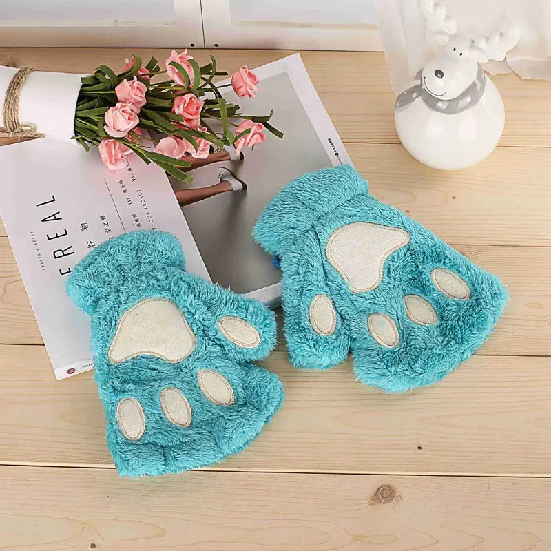 New Winter Gloves Women Bear Plush Cat Paw Claw Gloves Cute Kitten Fingerless Mittens Christmas Halloween for Girls Gift Gloves Qme Emerald Green One Size