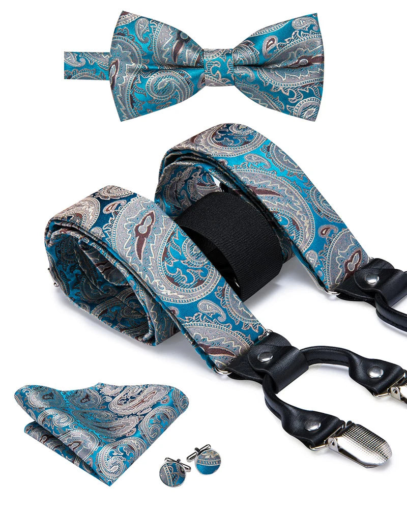 Hi-Tie Silk Men's Suspender Metal 6 Clips on Braces Bow Tie Hankerchief Cufflinks Male Wedding Party Business Vintage Adjustable Qme BD-3029