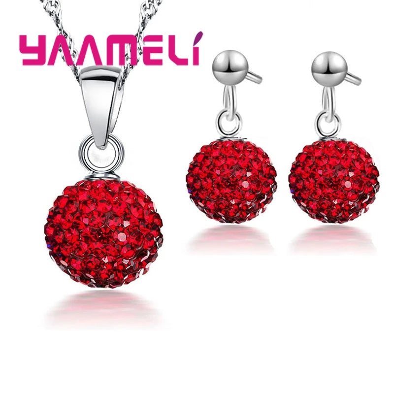 925 Sterling Silver Stamped Bridal Jewelry Sets Women Girls Wedding Gifts Austrian Crystal CZ Disco Ball Necklace Hoop Earrings Qme Red 2