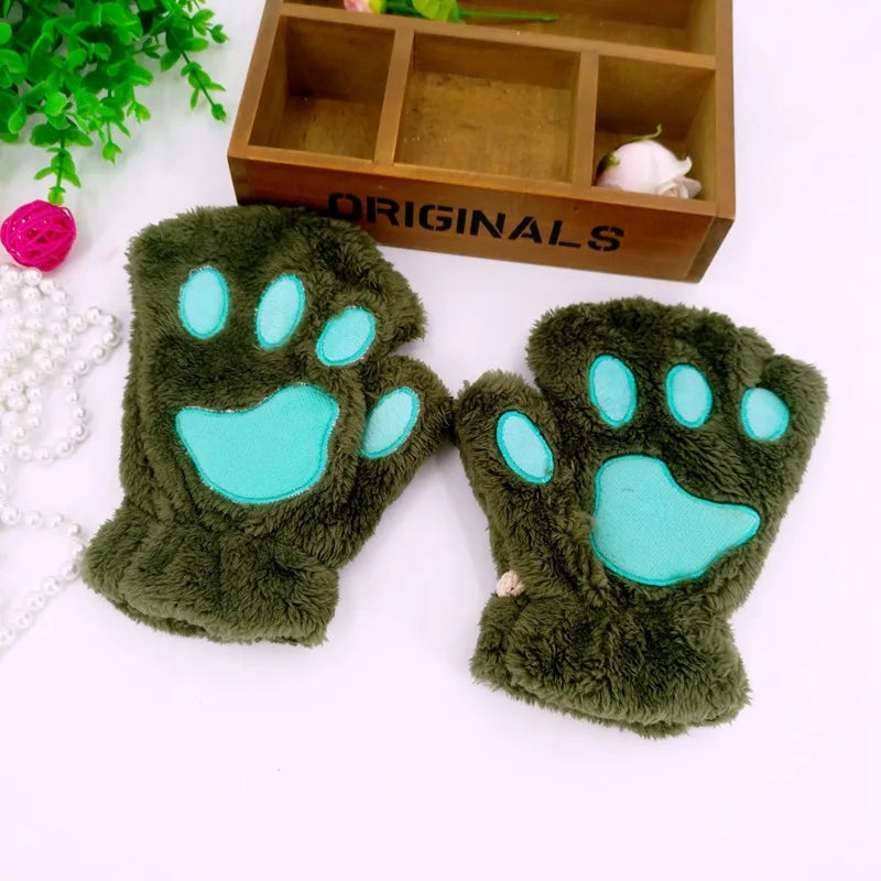 New Winter Gloves Women Bear Plush Cat Paw Claw Gloves Cute Kitten Fingerless Mittens Christmas Halloween for Girls Gift Gloves Qme Black Green One Size
