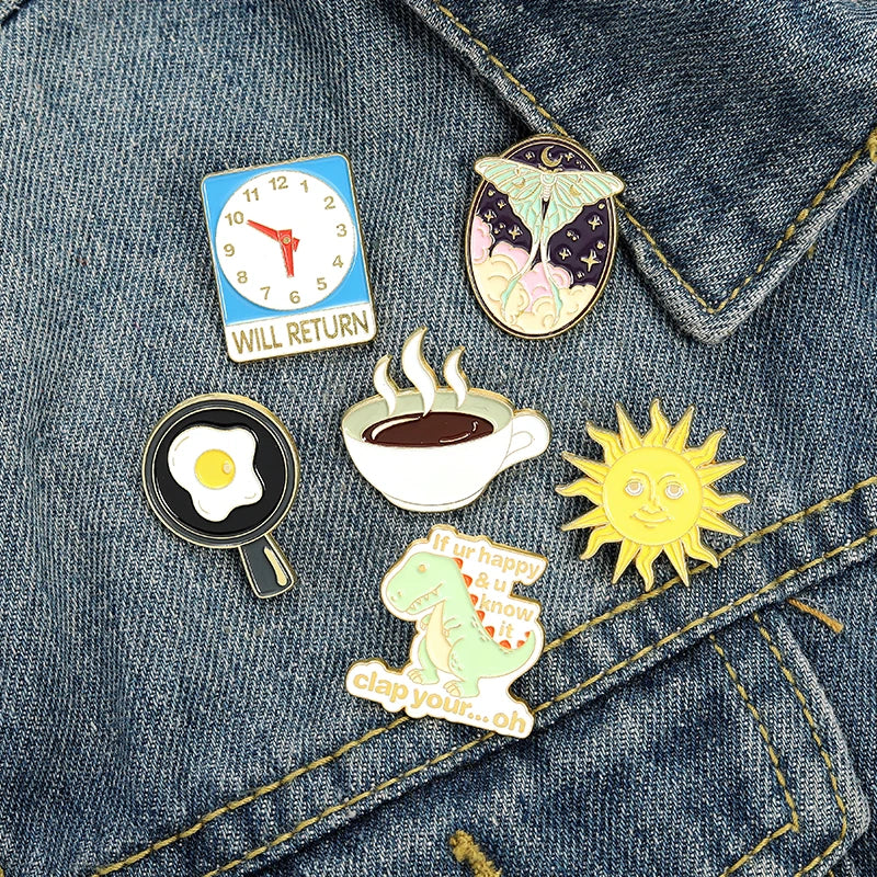 Cartoon Clock Coffee Sun Dinosaur Brooch Metal Alloy Fashion Jewelry Lapel Enamel Pins Badge Accessories Wholesale Drop Shipping Qme
