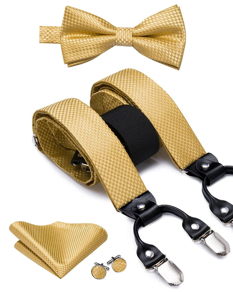 Hi-tie Silk Men's Suspender Metal 6 Clips Braces Bow Tie Hankerchief