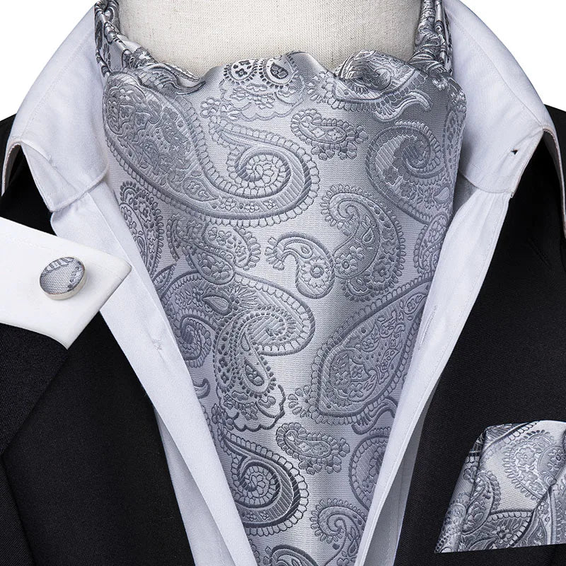 Hi-tie Silk Men's Ascot Pocket Square Cufflinks Jacquard Floral