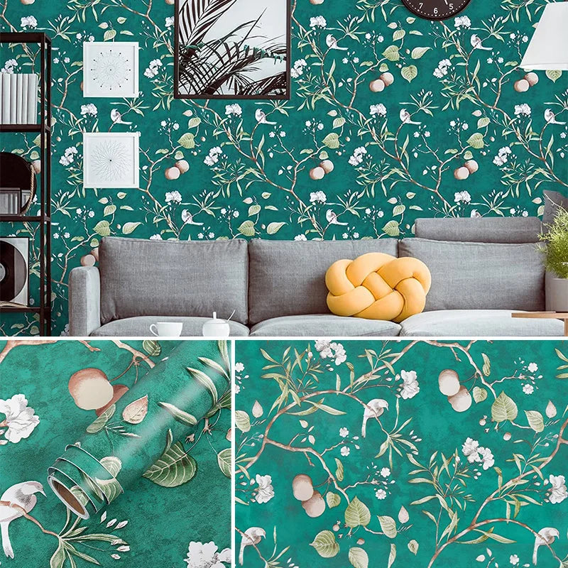 Green Floral Peel Stick Wallpaper Vintage Vinyl Stickers Flower&bird Qme Flower Bird 10mx45cm