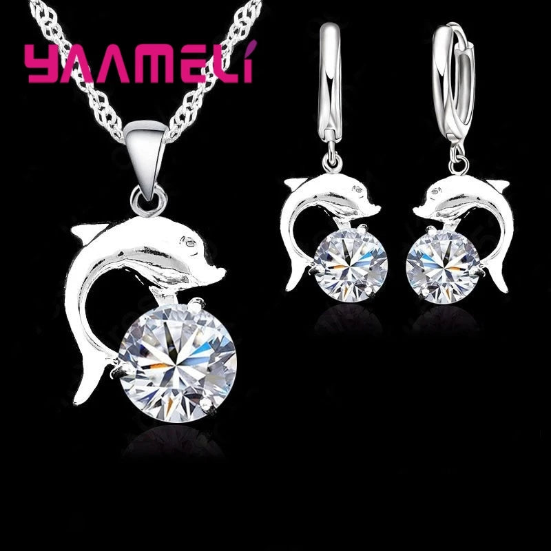 Jewelry Sets for Women Grils Wedding Engagement CZ Diamond 925 Sterling Silver Color Dolphin Pendant Necklace Hoop Earrings Qme