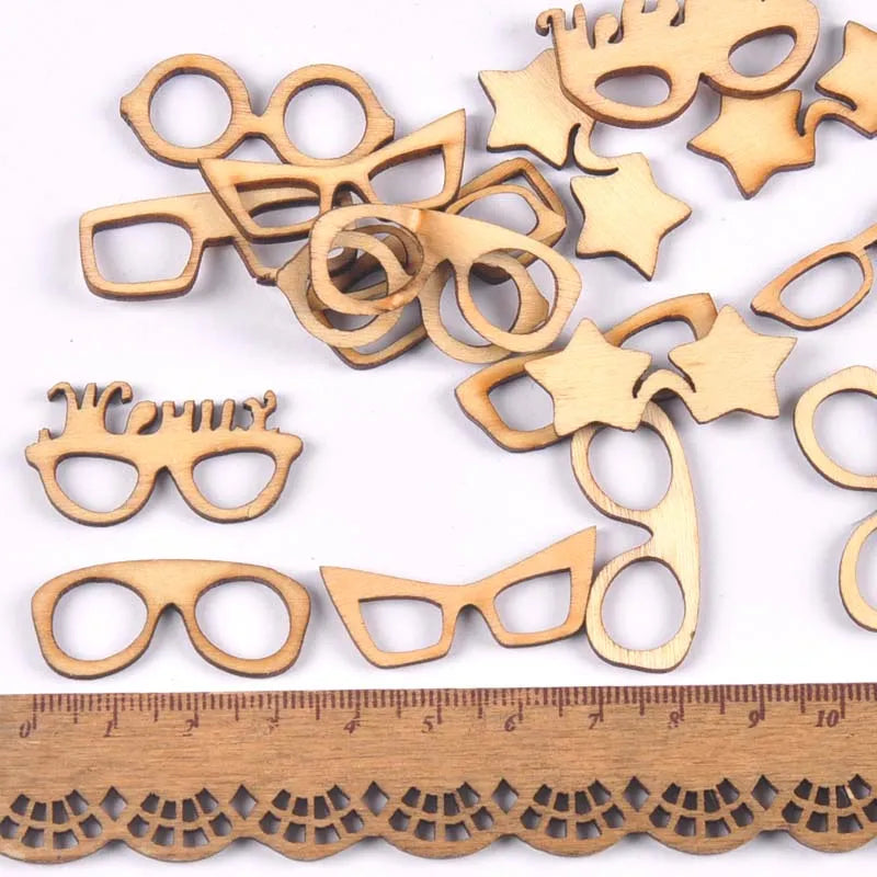 Random Mix Wood Crafts Glasses Pattern Handmade Ornaments Wooden Slices DIY Scrapbook Accessories Home Decor 17Pcs 20-35mm m2602 Qme