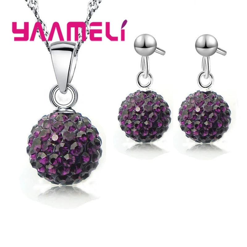 925 Sterling Silver Stamped Bridal Jewelry Sets Women Girls Wedding Gifts Austrian Crystal CZ Disco Ball Necklace Hoop Earrings Qme Purple 2