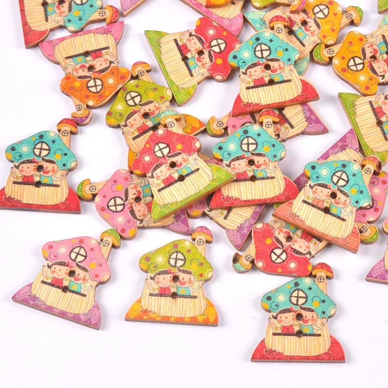 2 Hole Vintage Mixed Cartoon Painting Wooden Buttons For Clothes Sewing Crafts Scrapbooking DIY Kid Apparel Supplies 25pcs m1893 Qme 14