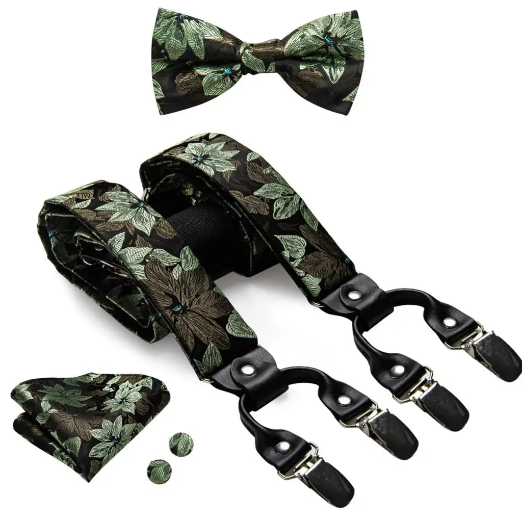 Hi-tie Silk Men's Suspender Metal 6 Clips Braces Bow Tie Hankerchief
