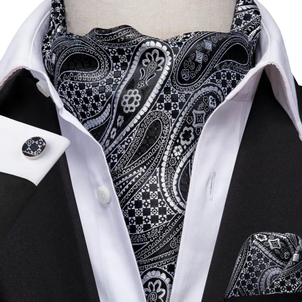 Hi-tie Silk Men's Ascot Pocket Square Cufflinks Jacquard Floral Qme AS-1009