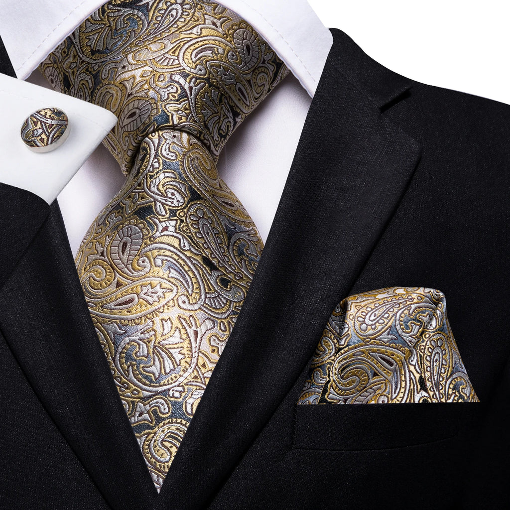 Yellow Brown Paisley Tie Men Men's Clip Luxury Necktie Hanky Qme