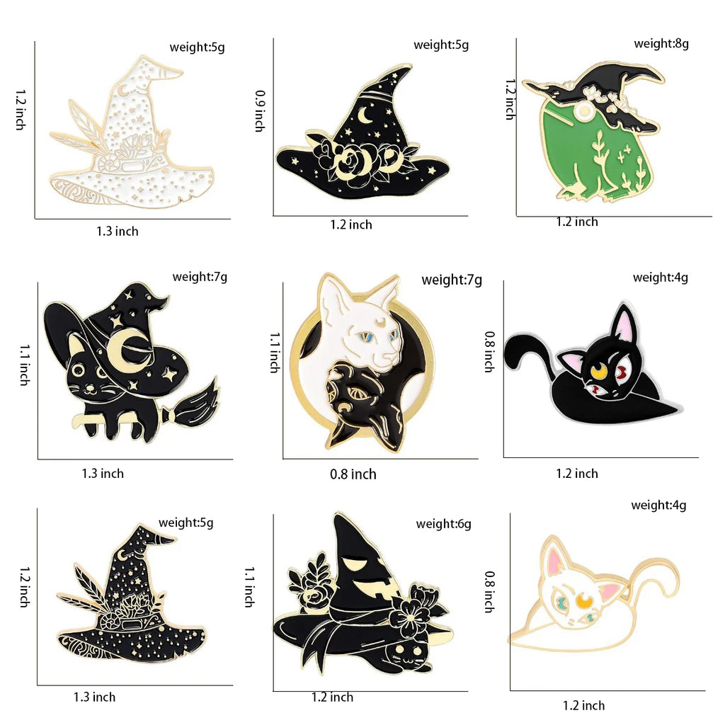 Witch Enamel Pins Collection Witch Hat and Cat Frog Pins Up Crescent Moon Black Gothic Lapel Pin Wiccan Brooches Witches Jewelry Qme