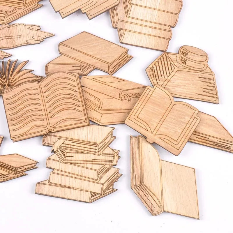 Mixed Book Pattern Wooden Crafts Scrapbooking 10Pcs Wood Ornaments For Decor Birthday Wedding DIY Arts Home Decoration m2553 Qme