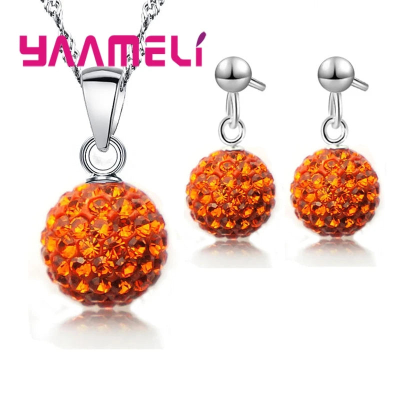 925 Sterling Silver Stamped Bridal Jewelry Sets Women Girls Wedding Gifts Austrian Crystal CZ Disco Ball Necklace Hoop Earrings Qme Orange 2