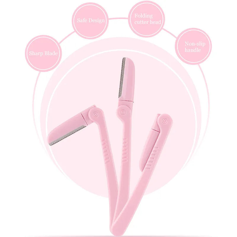 3Pcs/Set Pink Folding Eyebrow Trimmer Armpit Hair Razor Beauty Face Eye Brow Shaper Shaver Stainless Steel Blades Makeup Tools Qme