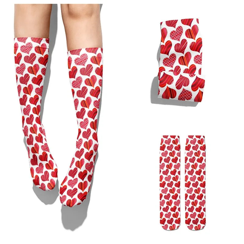 Women Nylon Long Socks 3D Print Cartoon Harajuku Heart Funny Tube Red Qme