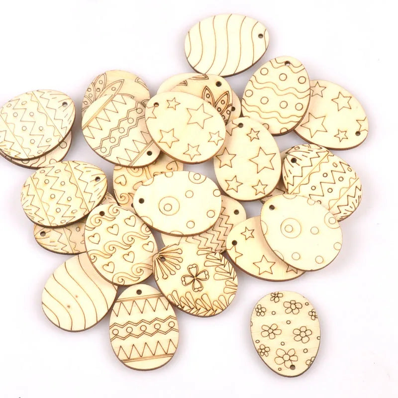 25Pcs Mixed Easter Egg Wood Crafts Pendant For Wooden Drop Hanging Ornaments DIY Scrapbook Home Decor Embellishments M2565 Qme