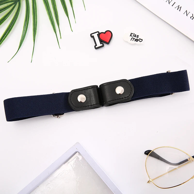 Womans Belt Buckle-free Waist Jeans Pants No Buckle Stretch Elastic Qme Navy Blue length 60-95cm