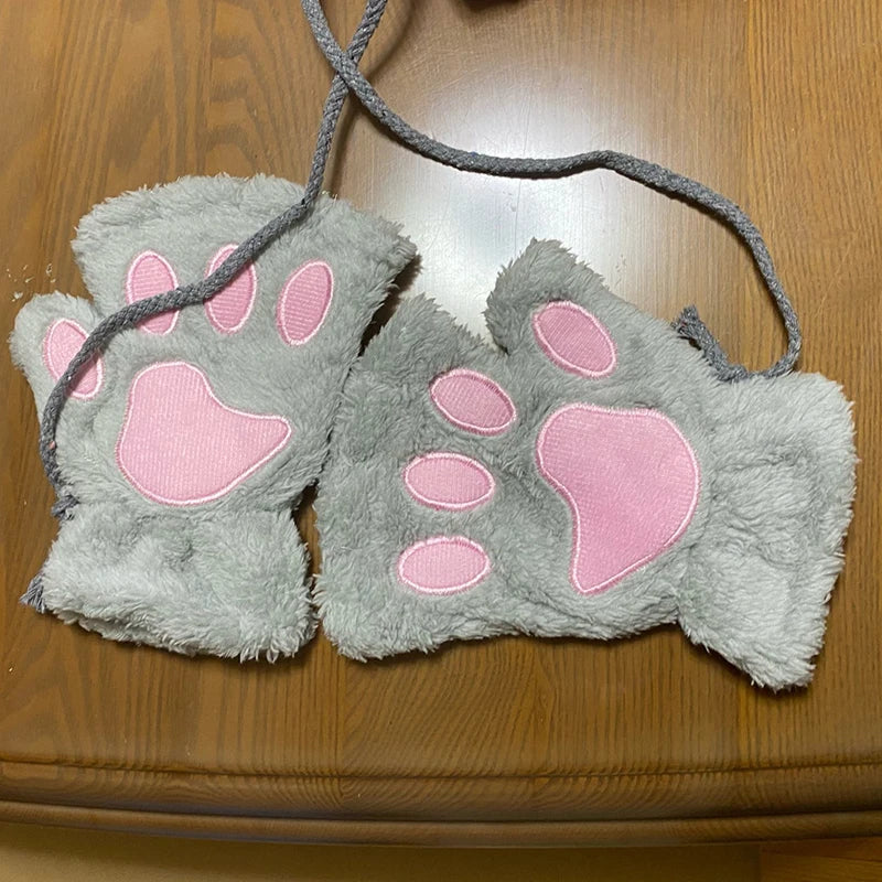 New Winter Gloves Women Bear Plush Cat Paw Claw Gloves Cute Kitten Fingerless Mittens Christmas Halloween for Girls Gift Gloves Qme