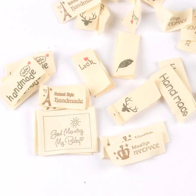 50pcs Mixed Beige Handmade Printed Cotton Woven Labels For Clothing Care Label Washable Garment Tags Sewing Accessories c2395 Qme mix