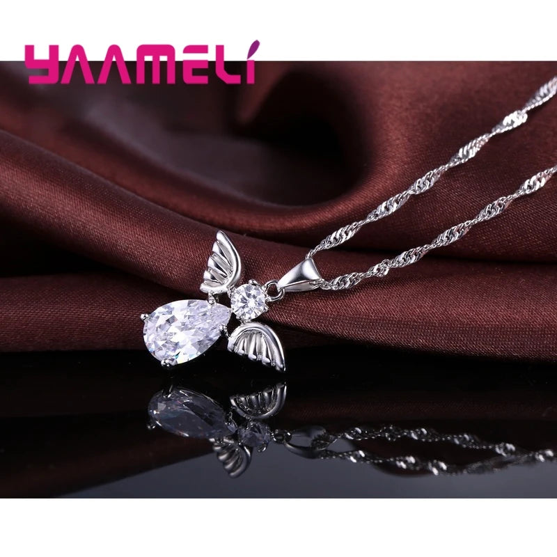 Sale Specials Cute Angel Shape Jewelry Sets Crystal 925 Sterling Silver Color Pendant Necklace And Earring Set Lady Birthday Qme
