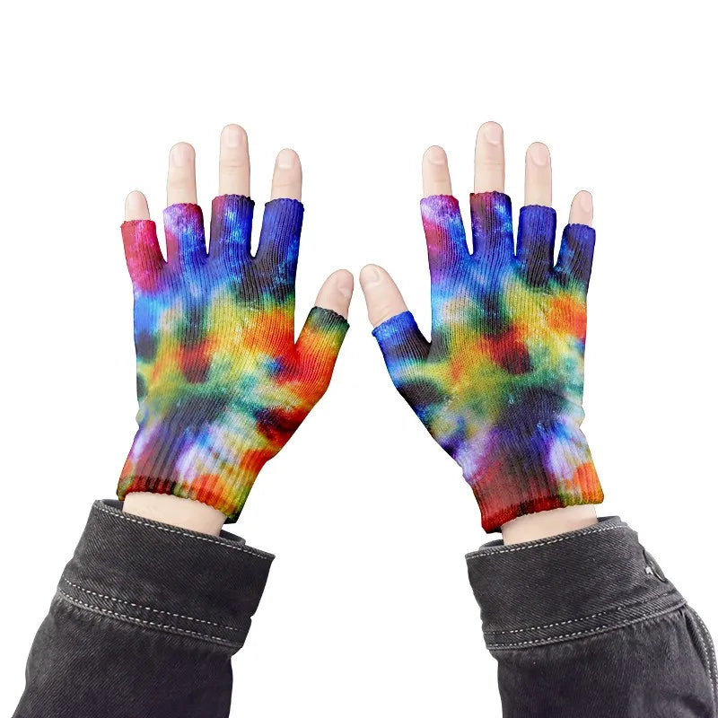Adult Halloween Skeleton Skull Half Finger Gloves Stretch Knitted Qme