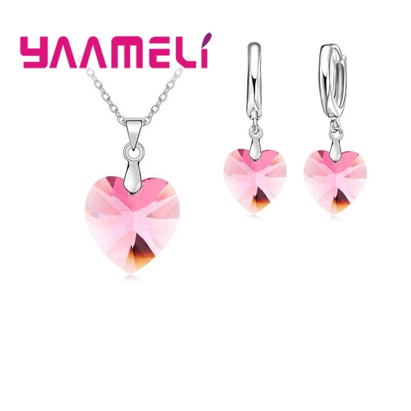 Love Heart Shape Women 925 Sterling Silver Color Bridal Jewelry Set For Wedding Fashion Crystal Pendants Necklaces Earring Set Qme Pink