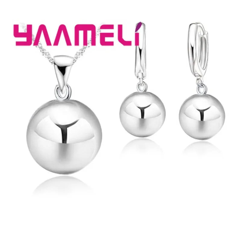 925 Silver Color Jewelry Sets for Women Female Wedding Party Smooth Ball Round Metal Stone Necklaces Earrings Anniversary Gift Qme
