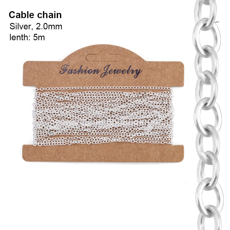 6 Types Jewelry Making Chains Plated Silver Gold Copper Cable Link Chains For DIY Jewelry Necklace Bracelet Crafts 5 Meters Qme Cable Silver 2.0