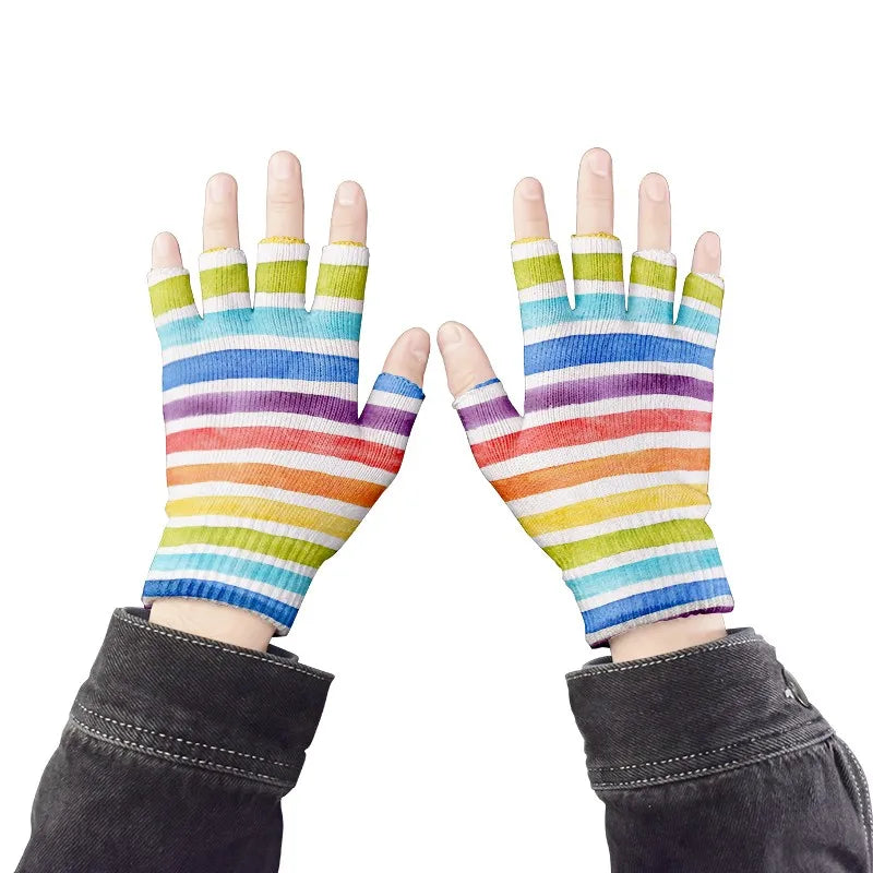 Short Stripes Cyclist Gloves Women Men Knitted Breathable Outdoor Qme