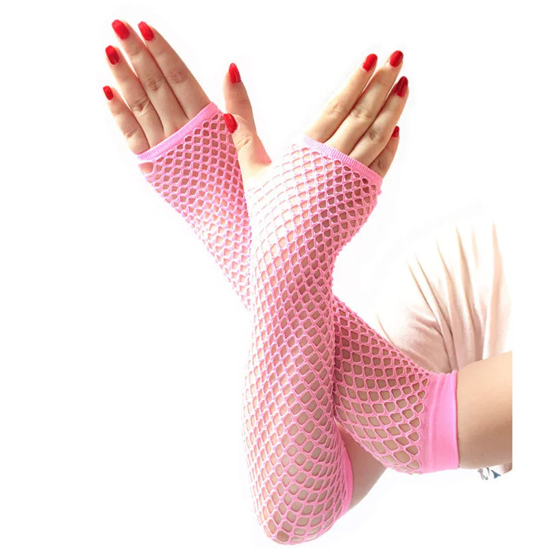 Women Fashion Neon Fishnet Fingerless Long Gloves Leg Arm Cuff Party Qme Pink Length -26cm