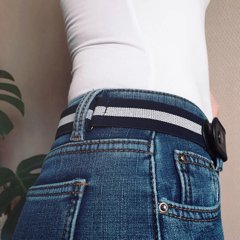 Womans Belt Buckle-free Waist Jeans Pants No Buckle Stretch Elastic Qme