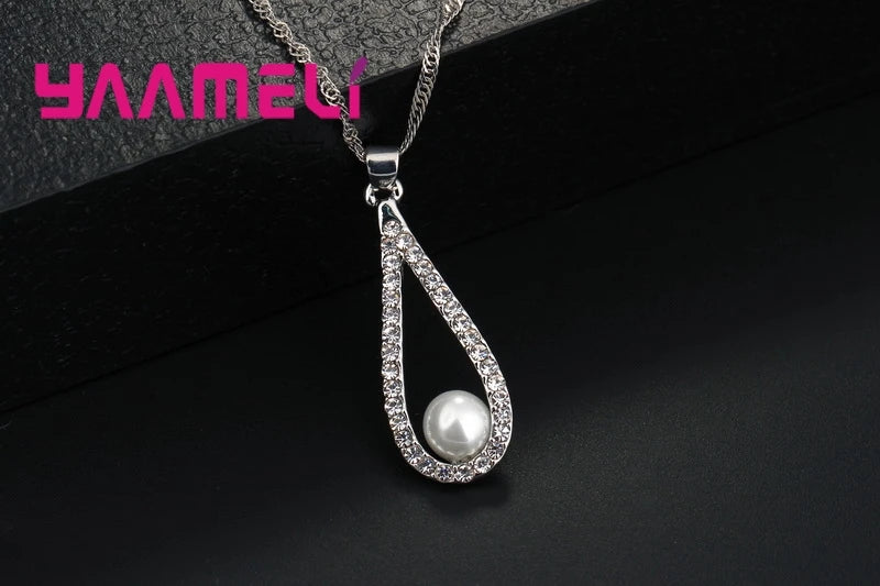 Pure 925 Sterling Silver Color CZ Crystal Water Drop Pearl Necklaces Pendant Chain Earrings Woman Fine Wedding Jewelry Set Gift Qme