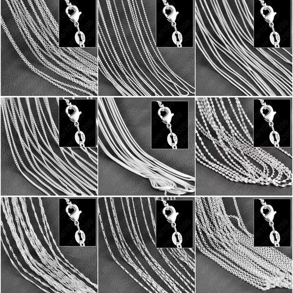 10PCS Wholesale Pure 925 Sterling Silver Color Charm Link Chain Necklace Jewelry with Strong Smooth Lobster Clasps 16-30 Inch Qme