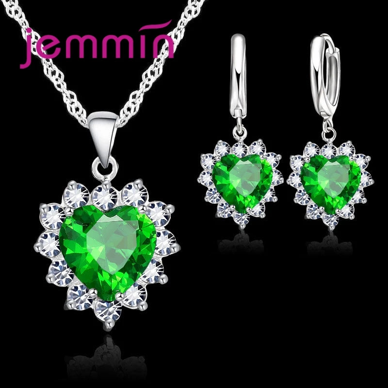 Top Sale Wding Engagement Anniversary Gift Jewelry Sets 925 Silver Color Stamped Heart Pendant Hoop Earrings for Women Girls Qme