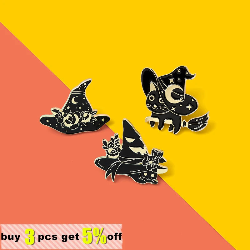 Witch Enamel Pins Collection Witch Hat and Cat Frog Pins Up Crescent Moon Black Gothic Lapel Pin Wiccan Brooches Witches Jewelry Qme