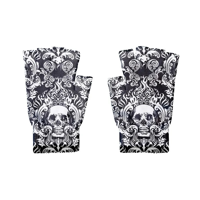 Adult Halloween Skeleton Skull Half Finger Gloves Stretch Knitted Qme style7 One Size China Mainland