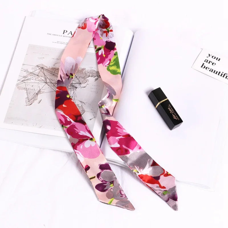 Print Flower Small Scarf Women Handle Bag Ribbons Fashion Head Long