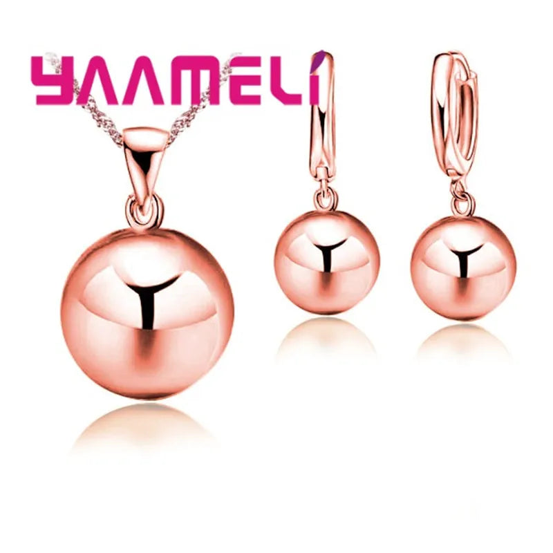 925 Silver Color Jewelry Sets for Women Female Wedding Party Smooth Ball Round Metal Stone Necklaces Earrings Anniversary Gift Qme Rose Gold