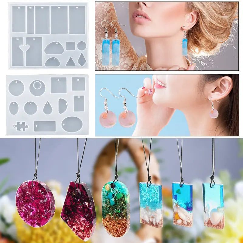 Epoxy Silicone Mold Set Jewelry Casting Mold Kit with Hand Drill, Glitter Sequins and Tools for Pendant Earring Keychain Making Qme