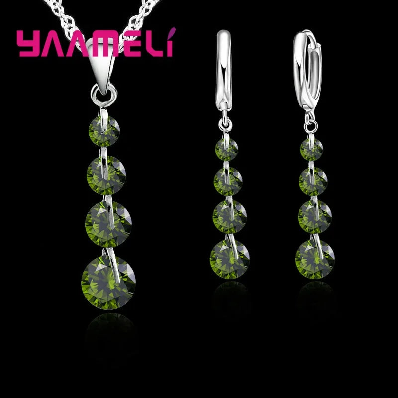 Fashion Bridal Jewelry Set For Women Lady Tassel Cubic Zircon 925 Sterling Silver Color Pendant Necklace Earrings Wedding Gift Qme Olive