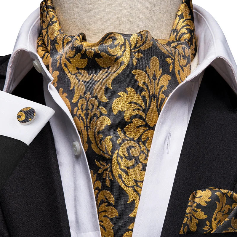 Hi-tie Silk Men's Ascot Pocket Square Cufflinks Jacquard Floral Qme AS-1007