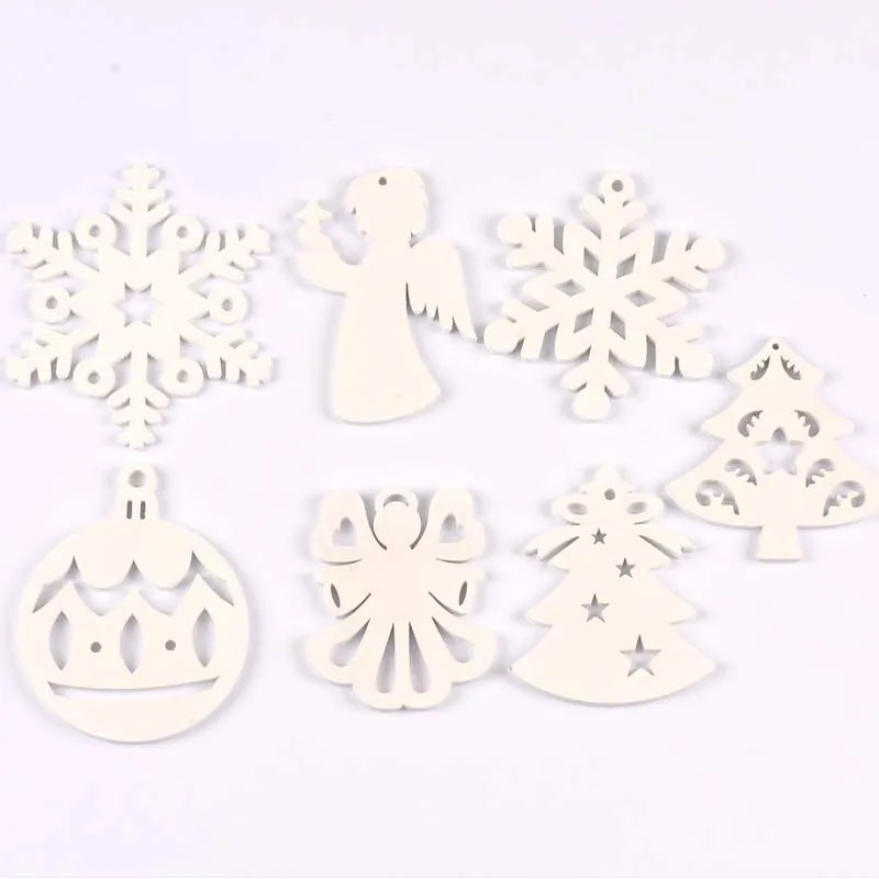 5pcs+1m hemp rope Christmas Tree Ornament Wooden Hanging Pendants White angels/tree/snowflakes Christmas Decorations for Home Qme