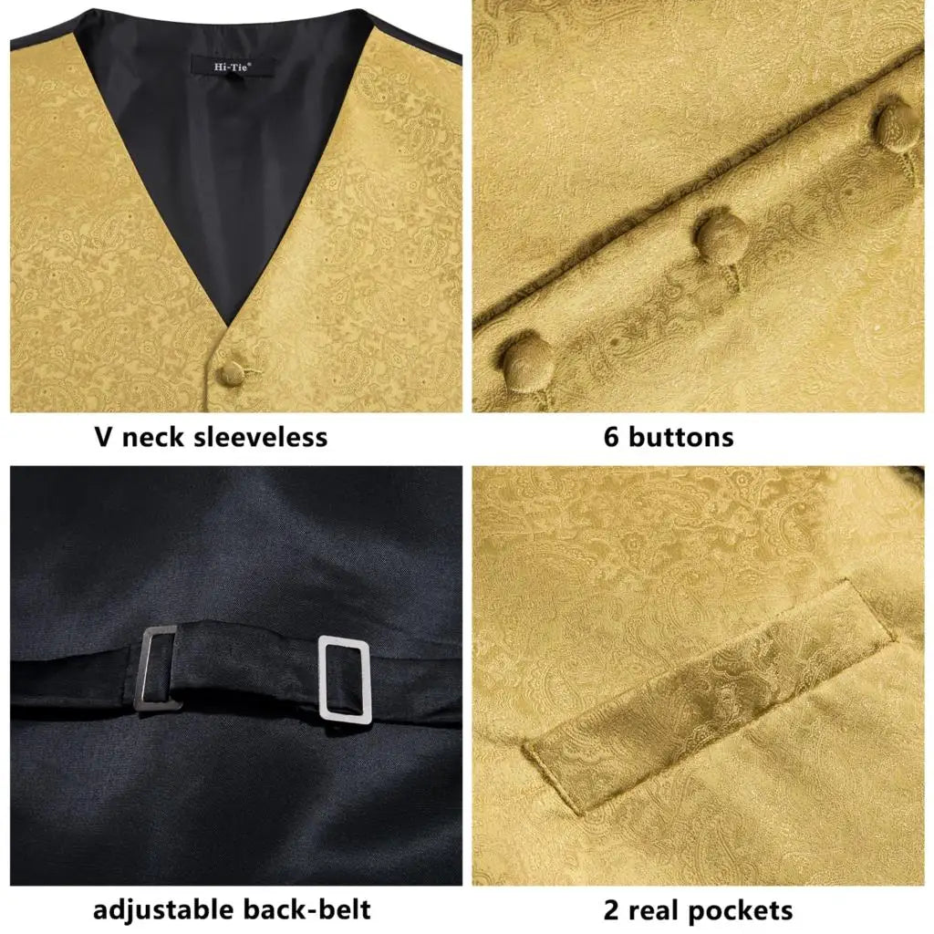 Hi-tie Mens Suit Vests Necktie Hankerchief Cufflinks Silk Slim Fit Qme