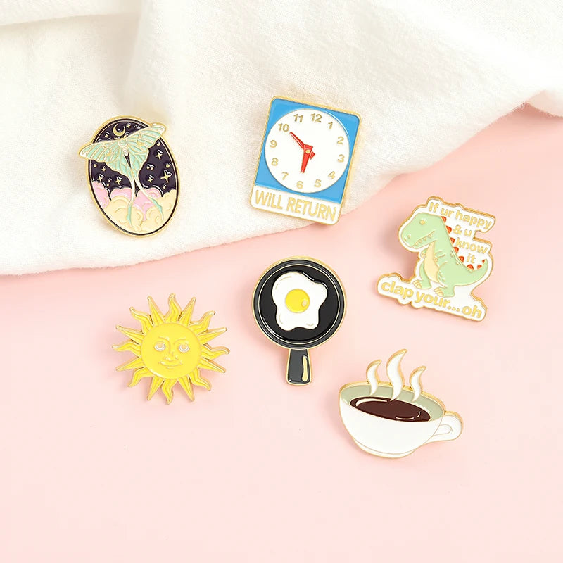 Cartoon Clock Coffee Sun Dinosaur Brooch Metal Alloy Fashion Jewelry Lapel Enamel Pins Badge Accessories Wholesale Drop Shipping Qme
