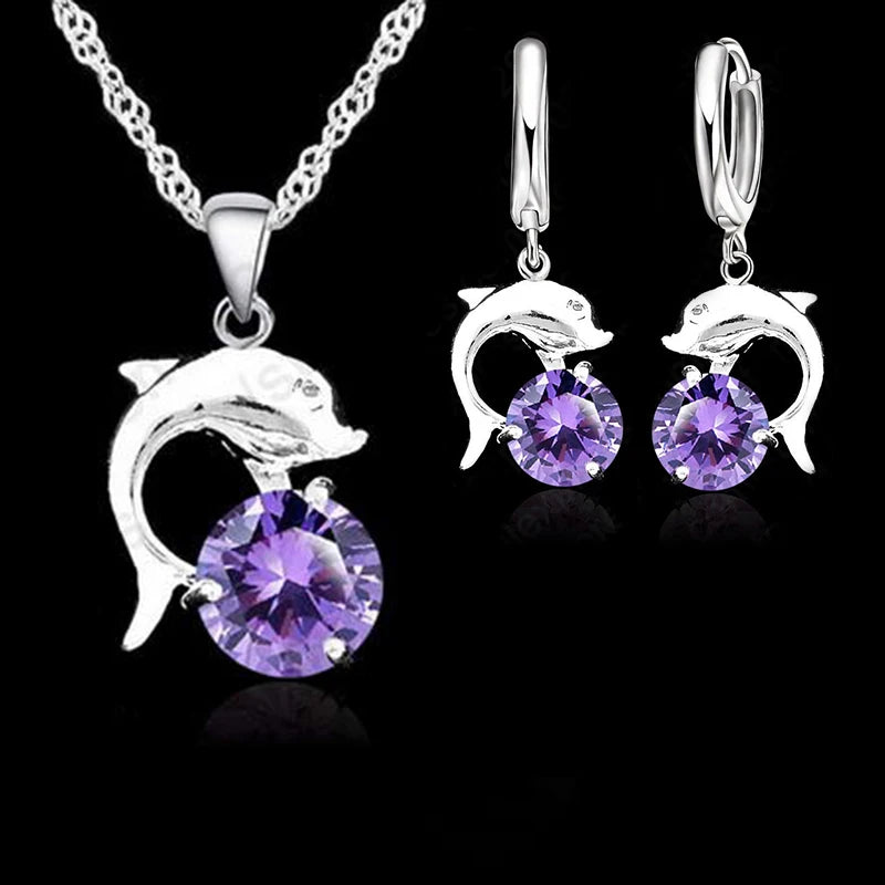 Jewelry Sets for Women Grils Wedding Engagement CZ Diamond 925 Sterling Silver Color Dolphin Pendant Necklace Hoop Earrings Qme Purple